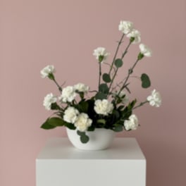 White carnations in a white bowl vase on a pedestal