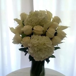 White roses and hydrangeas arranged in a tall glass vase