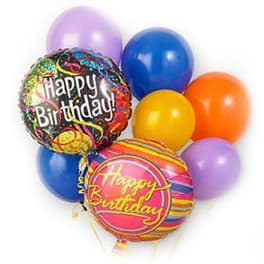Cluster of colorful birthday balloons with two "Happy Birthday" foil balloons