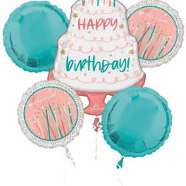Birthday cake-shaped balloon bouquet with teal and pink balloons