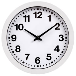 White wall clock with black numbers and hands