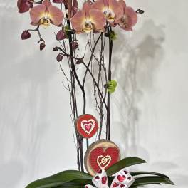 Pink orchids in a metal vase with heart decorations and a ribbon