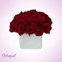Bouquet of red roses in a white square vase