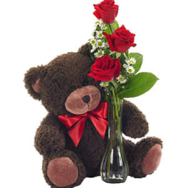 Teddy bear holding a vase of red roses and white daisies