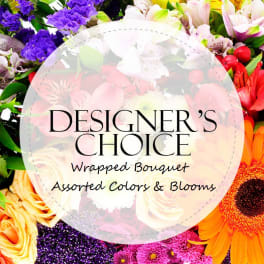 Designer’s choice wrapped bouquet with assorted colorful flowers