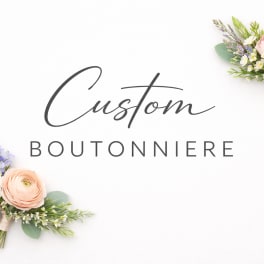 Two small peach and white floral boutonnieres with text reading Custom Boutonniere