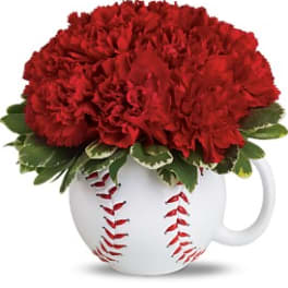 Red carnations arranged in a baseball mug