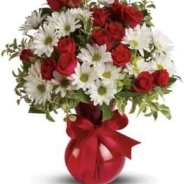 Red roses and white daisies in a red vase with a ribbon