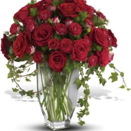 Red roses arranged in a clear glass vase with trailing greenery