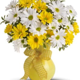 Yellow and white daisy bouquet in a yellow vase with a gingham ribbon