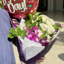 It's Your Day Balloon + White Roses & Exotic Purple Orchids Hand Wrapped Bouquet