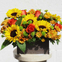 Sunflower and orange rose arrangement in a rectangular vase