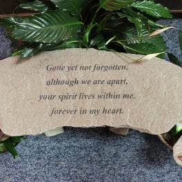 Memorial stone with engraved text surrounded by green plants