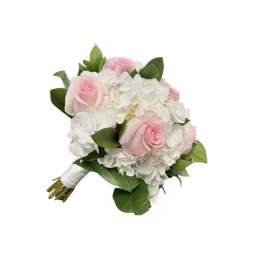 Pink roses and white hydrangeas in a hand-tied bouquet