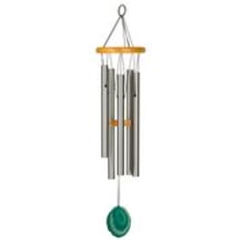 Silver wind chime with a green clapper hanging from a cord