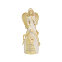 Angel figurine in a cream dress with gold wings and a cross pendant