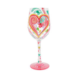 Decorative wine glass with colorful heart designs