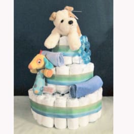 Diaper cake with plush dog and colorful baby items