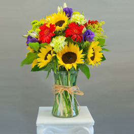 Bouquet of sunflowers, red gerbera daisies, and purple blooms in a glass vase