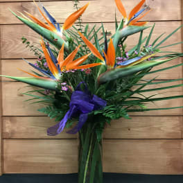 Bouquet of bird of paradise flowers in a glass vase with a purple ribbon