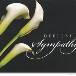 Three white calla lilies on a dark background with sympathy text