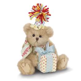Teddy bear wearing a party hat and holding a wrapped gift