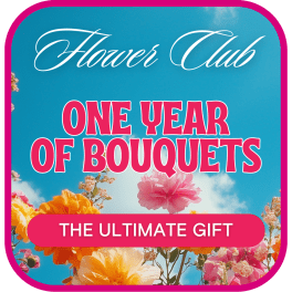 Promotional graphic with colorful flowers and the text "Flower Club" and "ONE YEAR OF BOUQUETS"