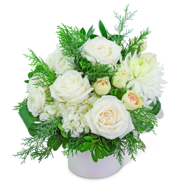 White roses and chrysanthemums in a white vase with green foliage