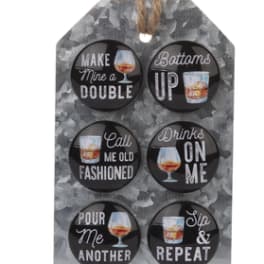 Hanging wooden sign with six drink-themed round plaques