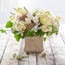 White floral arrangement in a square beige vase