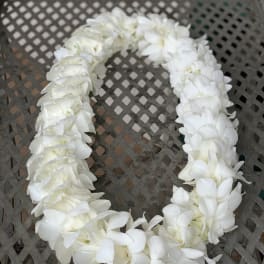 White flower lei arranged in a loop on a metal table