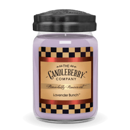 Lavender-colored jar candle with black lid and checkered label