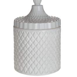 White lidded ceramic jar with a diamond pattern