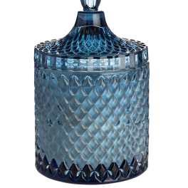 Blue glass jar with a faceted lid and knob