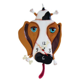Dog-shaped decorative wall clock with a bone and dangling tongue