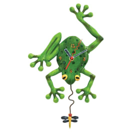 Green frog-shaped wall clock with a dangling dragonfly pendulum