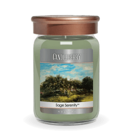 Green jar candle with copper-tone lid and a landscape label reading Sage Serenity.