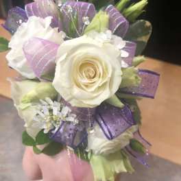 WHITE ROSE WITH LAVENDER RIBBON PROM CORSAGE