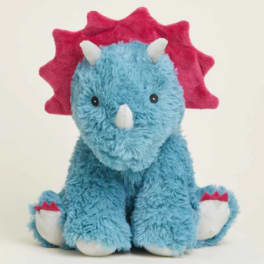 Blue plush triceratops toy with pink frill and white horns