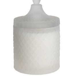 White lidded glass jar with a textured diamond pattern