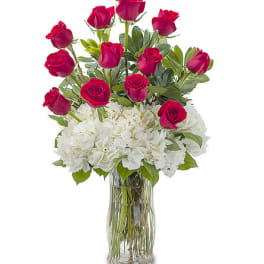 Red roses and white hydrangeas in a clear glass vase