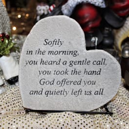 Heart-shaped memorial plaque with a sympathy verse
