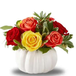 Red, yellow, and coral roses in a white pumpkin vase