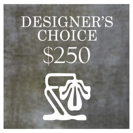 Designer’s choice $250 graphic on a gray background