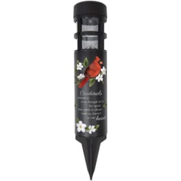 Black memorial garden stake with a cardinal and floral design
