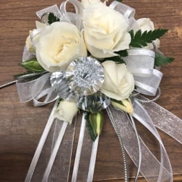 White rose bouquet with silver ribbon and crystal accents