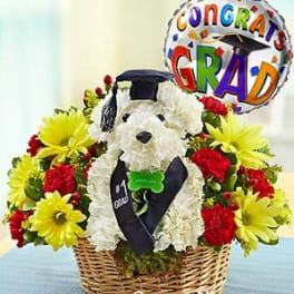White dog-shaped floral arrangement in a basket with a graduation balloon