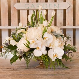 White floral arrangement in a low brass vase