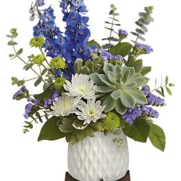 Blue delphinium and white daisies in a white vase with a succulent