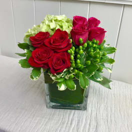 Red roses and green hydrangea in a square glass vase